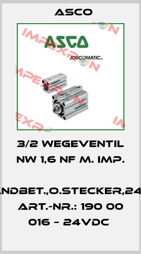 3/2 WEGEVENTIL NW 1,6 NF M. IMP.  HANDBET.,O.STECKER,24V=   ART.-NR.: 190 00 016 – 24VDC  Asco