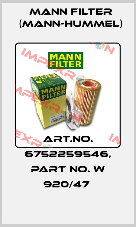 Art.No. 6752259546, Part No. W 920/47  Mann Filter (Mann-Hummel)