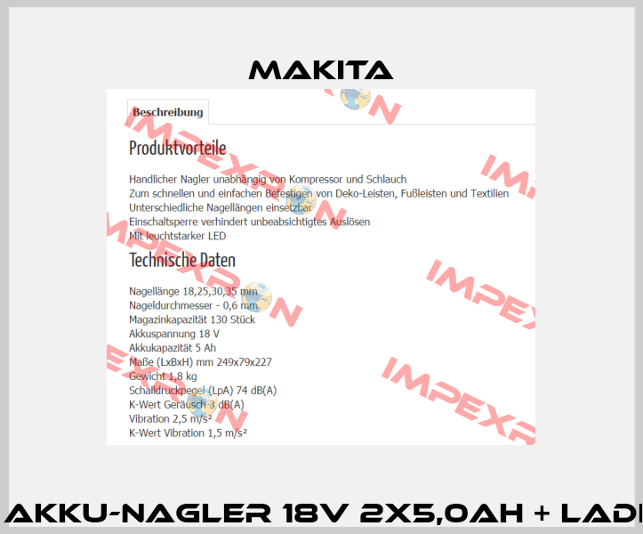 Makita Akku-Nagler 18V 2X5,0Ah + Ladegerät  Makita