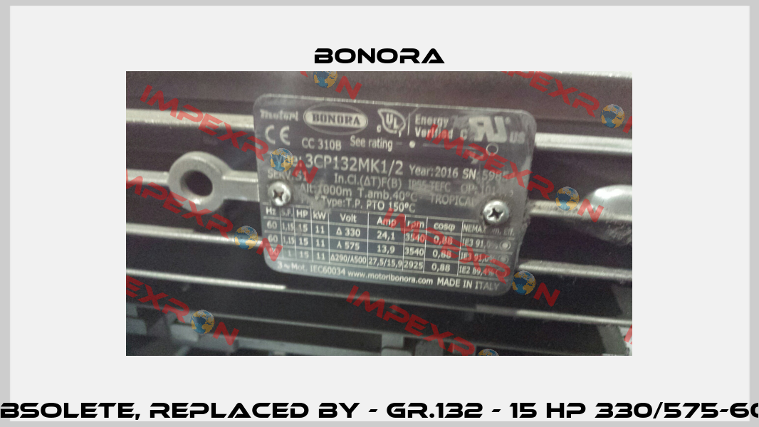 3CP132MK1/2 (OEM for FPZ) - obsolete, replaced by - GR.132 - 15 HP 330/575-60 UR PREMIUM  (Art. 4051+0107) Bonora