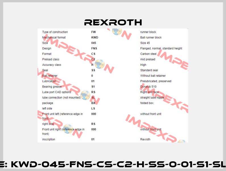 P/N: R165142320, Type: KWD-045-FNS-CS-C2-H-SS-0-01-S1-SL-BX-LS-000-RS-000-01 Rexroth