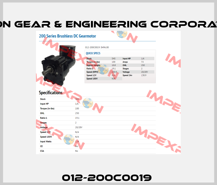 012-200C0019  Bison Gear & Engineering Corporation