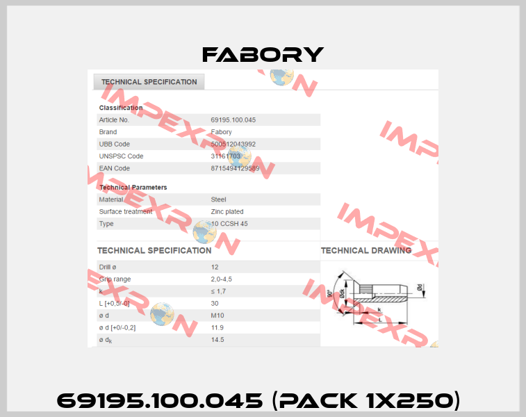 69195.100.045 (pack 1x250)  Fabory