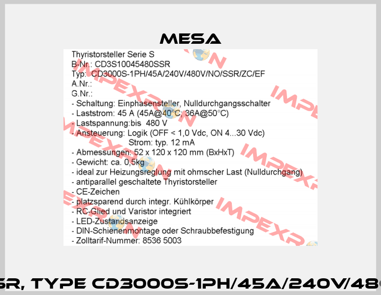 CD3S10045480SSR, Type CD3000S-1PH/45A/240V/480V/NO/SSR/ZC/EF  Mesa